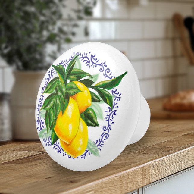 Lemons och Blue Toile Knopp (French European Country Kitchen Artisan Knobs with Lemons and Blue Toile)