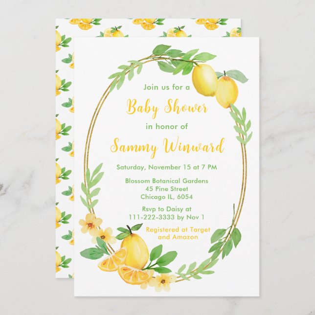 Lemons och Greenery Baby Shower Inbjudningar (Fram/baksida)