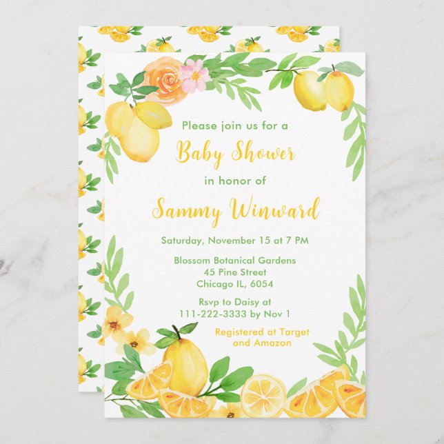 Lemons och Greenery Baby Shower Inbjudningar (Fram/baksida)