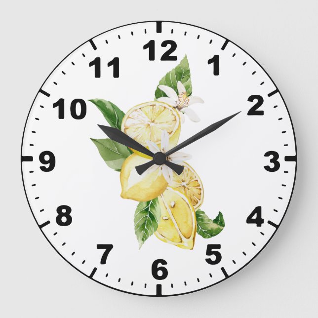 Lemons och Greenery med ljusstark vattenfärg Stor Klocka (Framsida)