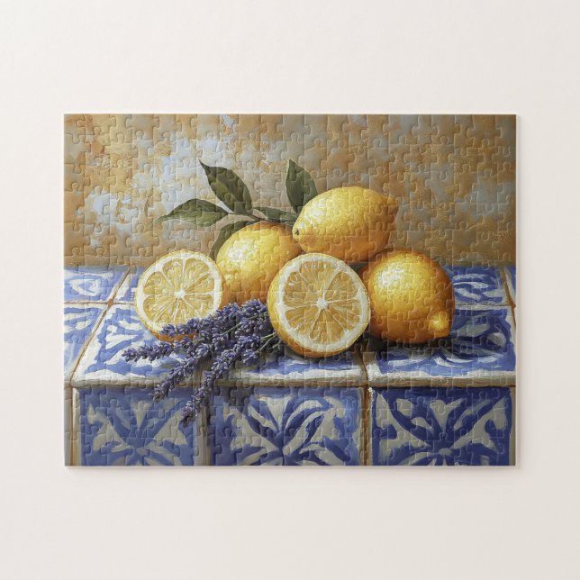 Lemons och Lavender Blue Tile still Life Pussel (Horisontell)