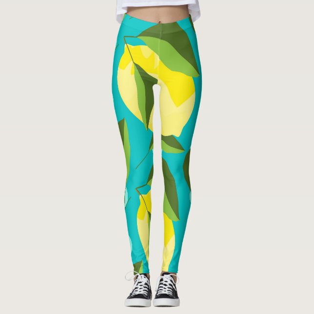 Lemons Polka Dot: Blue Background. Leggings (Framsida)