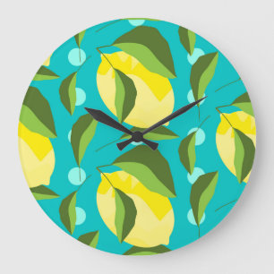 Lemons Polka Dot: Blue Background. Stor Klocka