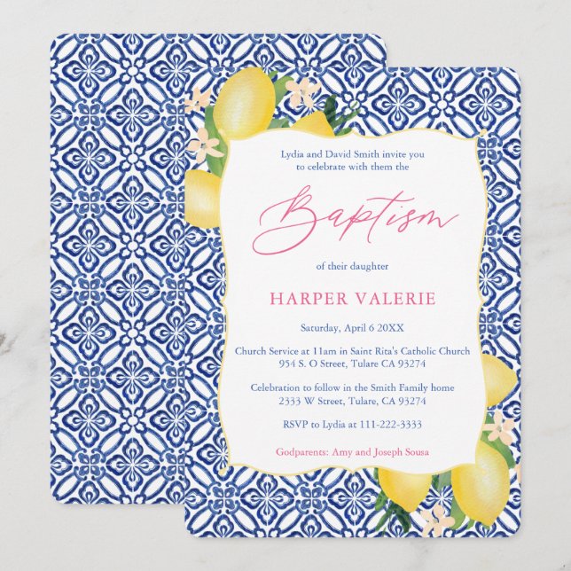 Lemons Positano Italiano Tiles Girl Baptism Party Inbjudningar (Fram/baksida)
