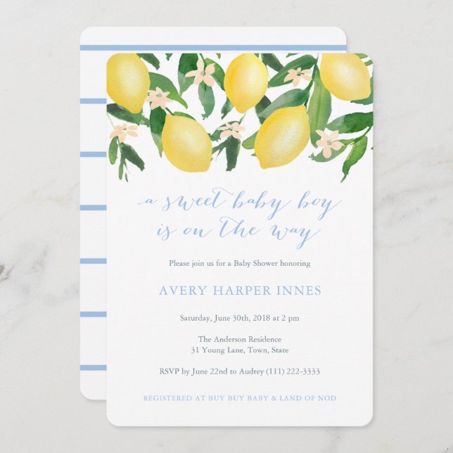 Lemons Powder Blue Sweet Boy Shower Inbjudningar (Fram/baksida)