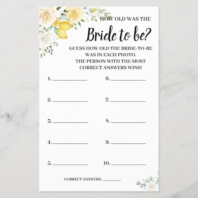 Lemons & Ro Shower Game Card var gammalt Flygblad (Framsidan)