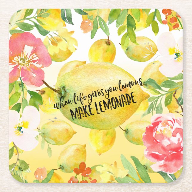 Lemons Rosa blommigt , vattenfärgsininspiration Underlägg Papper Kvadrat (Framsidan)