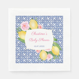 Lemons Rosa Flowers Blue Tiles Baby Shower Party Pappersservett