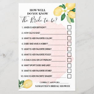 Lemons Rosa Hur bra känner du till Bride Shower-sp Flygblad