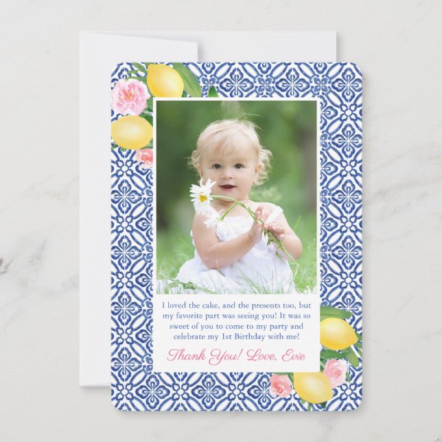 Lemons Rosa Positano Blue Tiles Baby Shower Photo Tack Kort (Framsida)