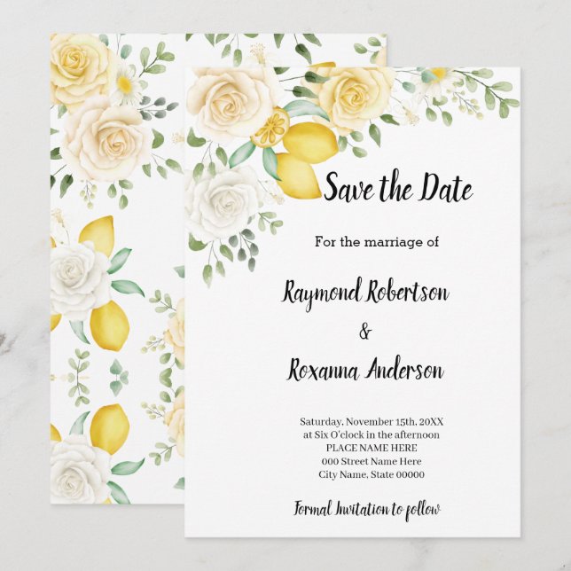 Lemons & Roses Save the Date-inbjudan Inbjudningar (Fram/baksida)