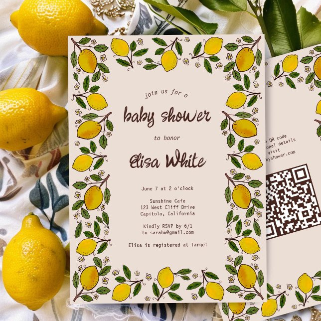 Lemons Rustic ANPASSNINGSBAR QR Code BABY SHOWER Inbjudningar (Lovely Lemons Rustic CUSTOM QR Code BABY SHOWER Invitation
)
