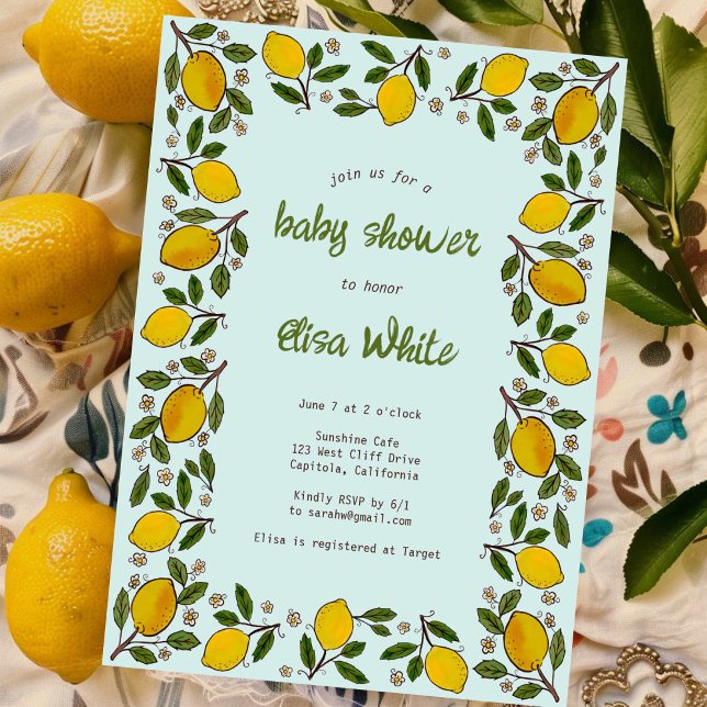 Lemons Rustic ANPASSNINGSBAR QR Code BABY SHOWER Inbjudningar (Lovely Lemons Rustic CUSTOM QR Code BABY SHOWER Invitation
)