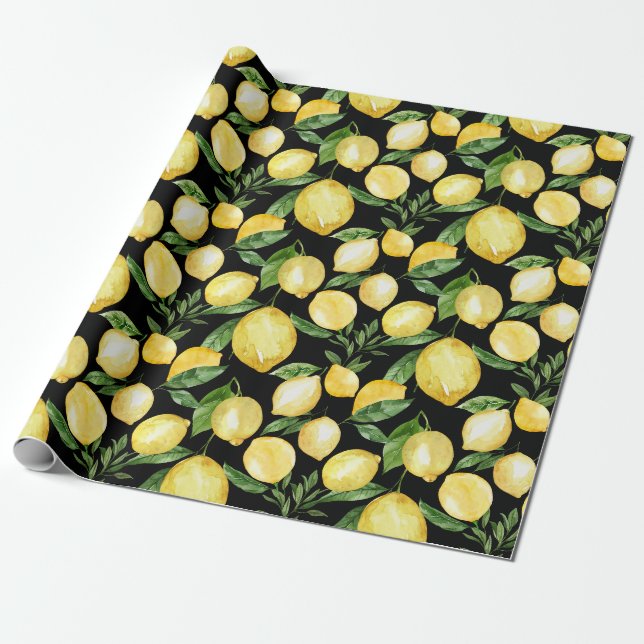 Lemons sömlös mönster på svart bakgrund presentpapper (Utrullad)