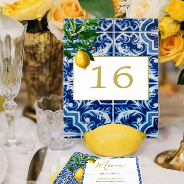 Lemons Tuscan Tile Blue White Bröllop Bordsnummer (Skapare uppladdad)