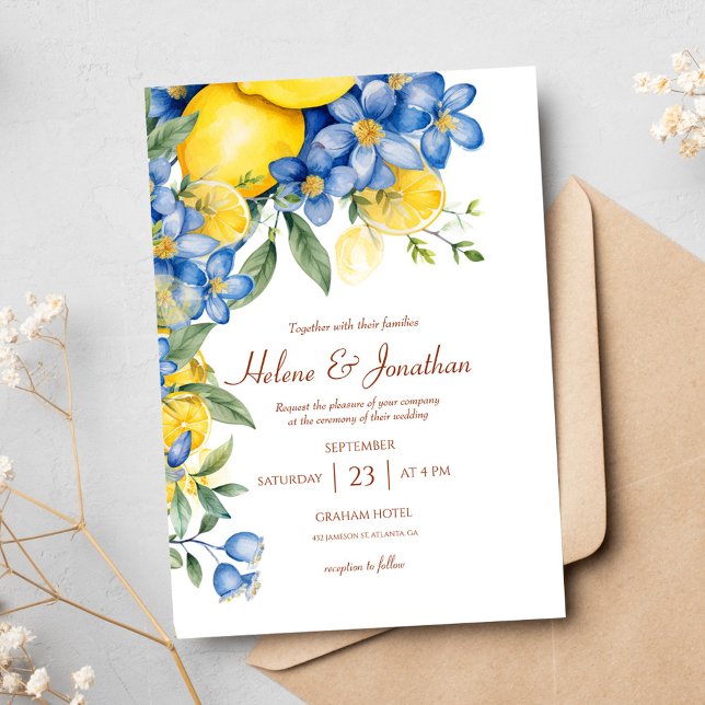 Lemons Watercolor Blue Gult Elegant bröllop Inbjudningar (Lemons Watercolor Blue Yellow Elegant Wedding Invitation)