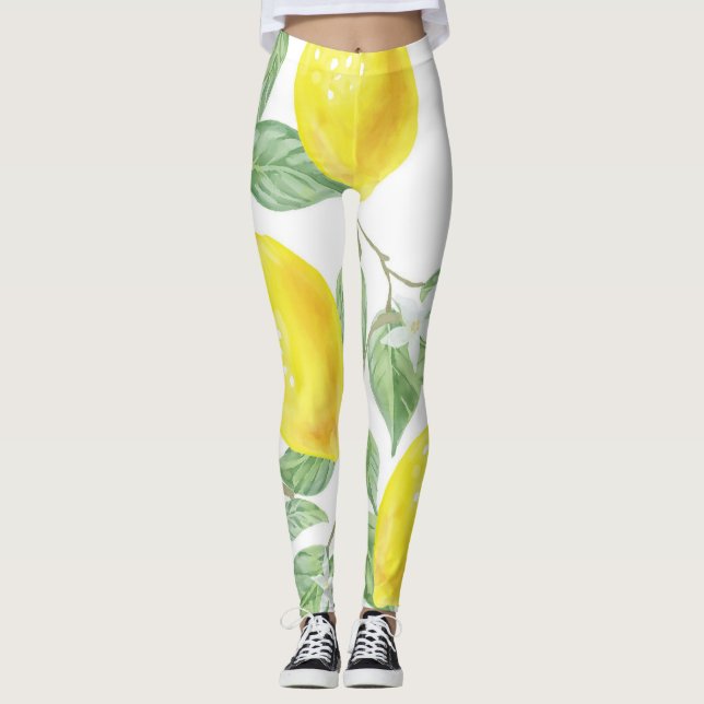 Lemons Watercolor Fruit Mönster Leggings (Framsida)