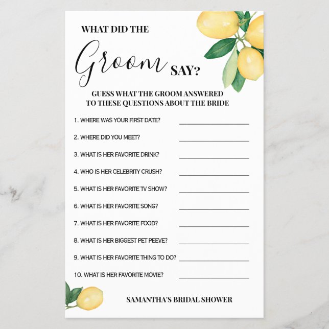 Lemons What was Groom say Möhippa Game Card Flygblad (Framsidan)