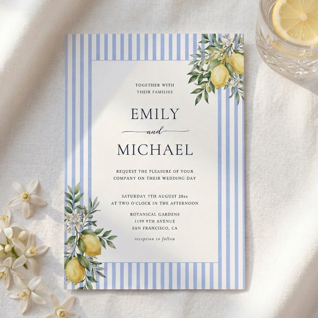 Lemons With Blue Stripes Citrus Wedding Invitation Inbjudningar (Skapare uppladdad)