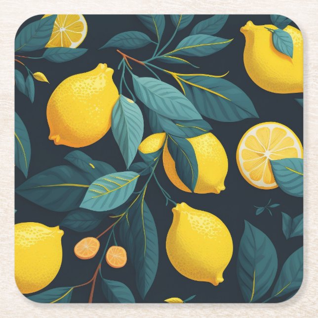 Lemonträdgården mönster. Gult tropiska citrusfrukt Underlägg Papper Kvadrat (Framsidan)