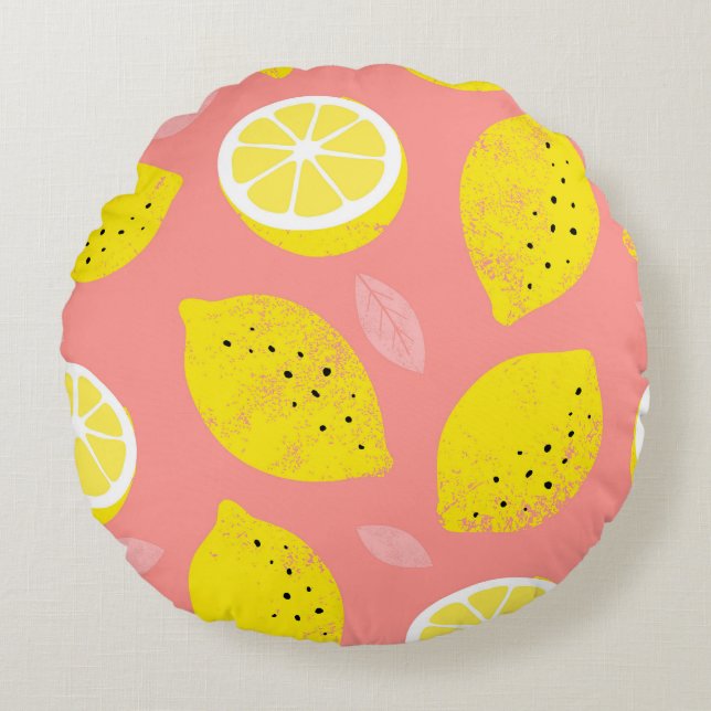 Lemonutskrift, skarp, sömlös sommar mönster. rund kudde (Framsidan)