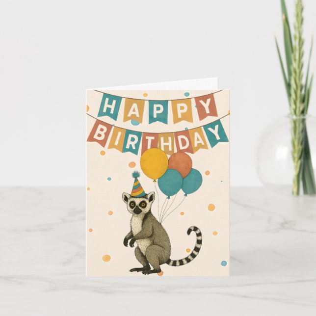 Lemur Birthday Card - Cute Party Animal Kort (Framsida)