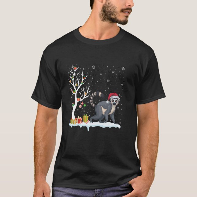 Lemur Santa Hat Festive Träd Light jul Pajam T Shirt (Framsida)