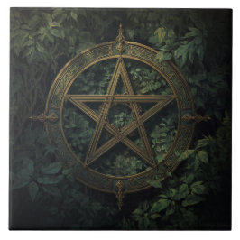 Lemurisk inspirerad grön häxa pentagram med växter kakelplatta
