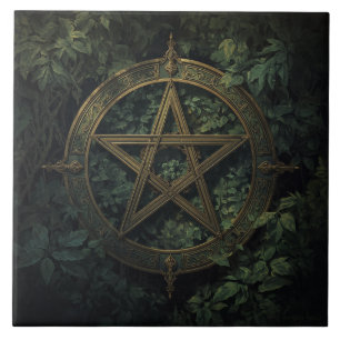 Lemurisk inspirerad grön häxa pentagram med växter kakelplatta