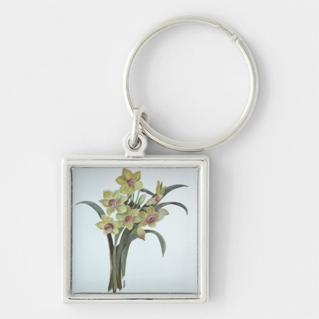 Lent Lily Fyrkantig Silverfärgad Nyckelring (Framsidan)