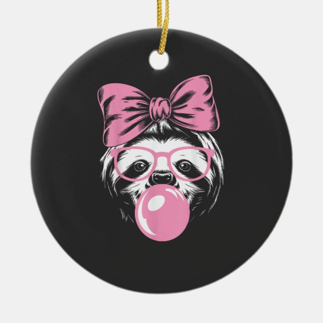 Lenträd som bär glasögon och blåser rosa bubbelgum julgransprydnad keramik (Framsidan)