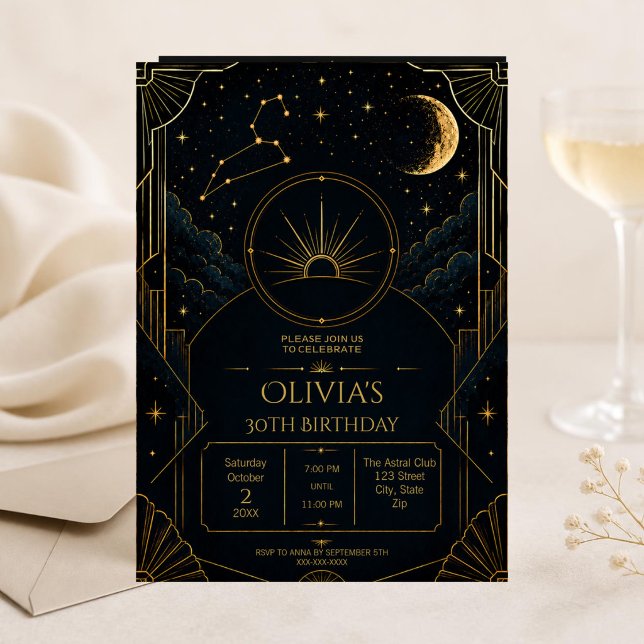 Leo 30-års födelsedagsinbjudan | Mörk Art Deco Inbjudningar (Dark Art Deco Leo zodiac 30th birthday invitation with celestial details and elegant moody styling)