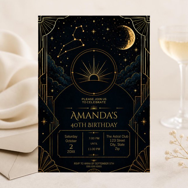 Leo 40-års födelsedagsinbjudan | Art Deco Zodiak Inbjudningar (Dark Art Deco Leo zodiac 40th birthday invitation with celestial details and elegant moody styling)