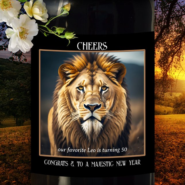 Leo Birthday Lejon Art Vinflaska Etikett (Artistic wine label with a lion. Beautiful for a Leo birthday or an occasion requiring royalty)