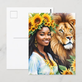 Leo Black Woman med solblommor och Lejona Vykort