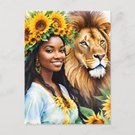 Leo Black Woman med solblommor och Lejona Vykort