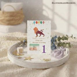 Leo First Birthday Guld, Balloons & Photo Inbjudningar