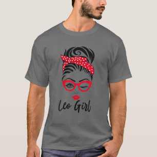 Leo Girl Messy Bun Leopard Bandana juli Zodiac Sig T Shirt