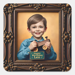 LEO ~ GRATTIS PÅ FÖDELSEDAGEN ~ Wooden Tåg ~ Fyrkantigt Klistermärke