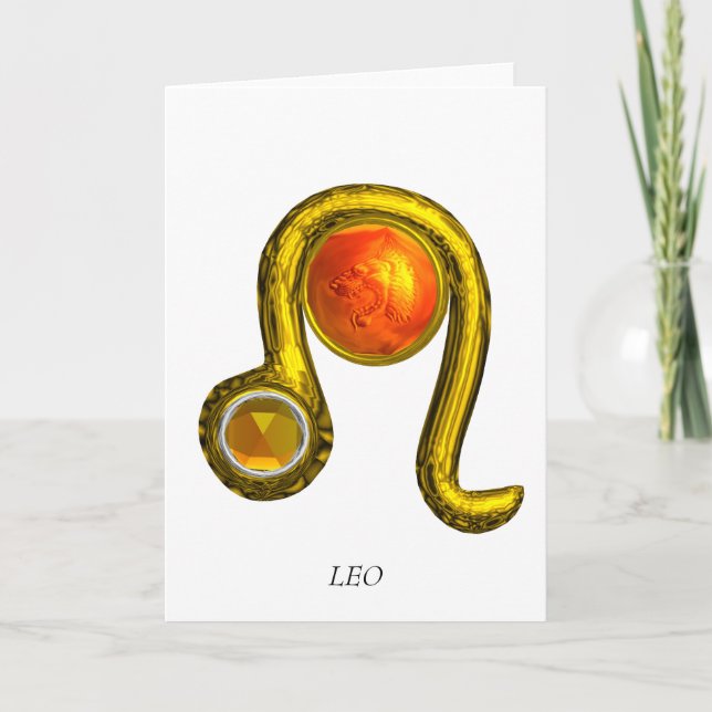 LEO Gult Topaz & Guld Zodiac Birthday Kort (Framsida)