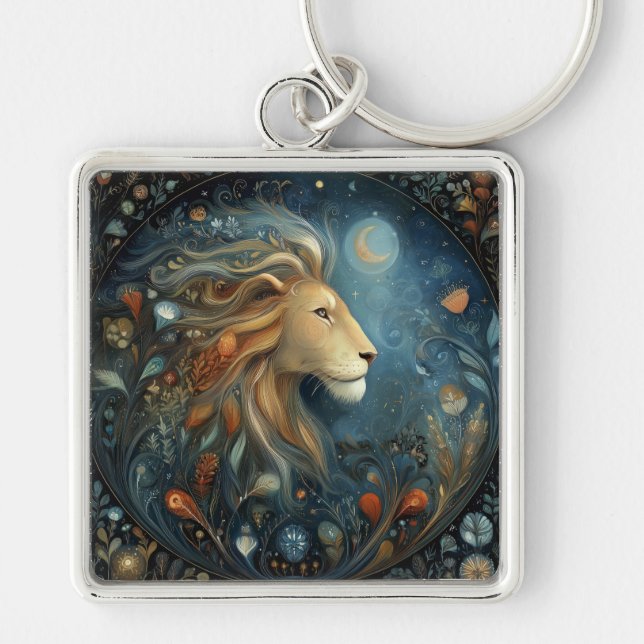 Leo Lejon Zodiac Astrologi Celestial Födelsedag Fyrkantig Silverfärgad Nyckelring (Framsidan)