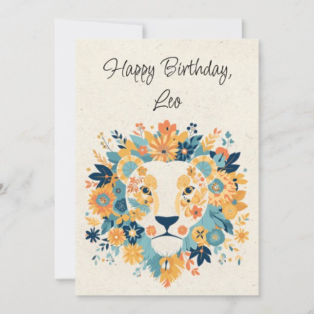 Leo Lejon Zodiac Blommigt Birthday Flata Card (Framsida)