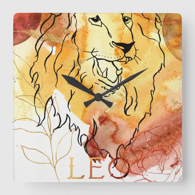 Leo, Lejona födelsedag, zodiac astrology Red guld Fyrkantig Klocka (Framsida)