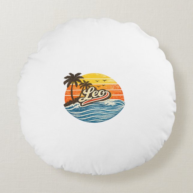 Leo Retro Solnedgång Namn Design Rund Kudde (Framsidan)