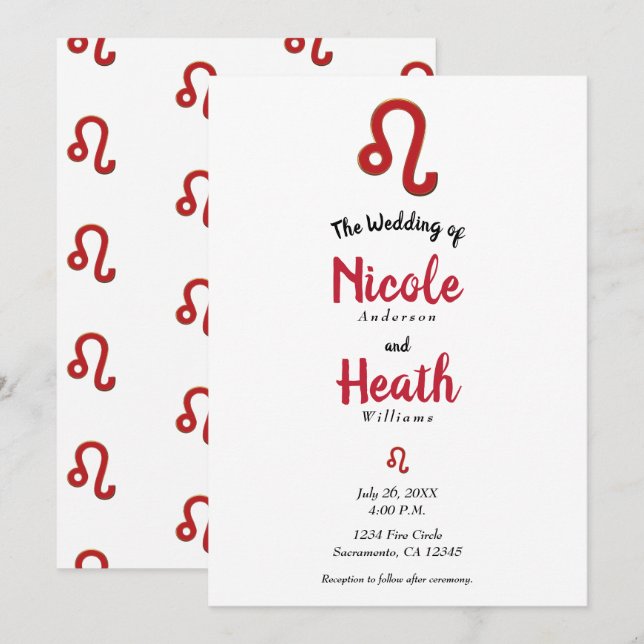 LEO Röda Zodiaken Astrologi Juli Augusti Bröllop Inbjudningar (Fram/baksida)