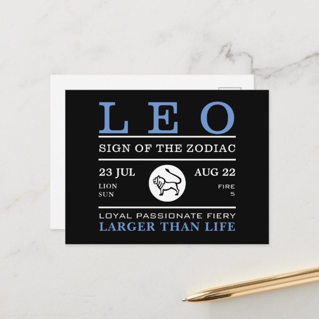 Leo Sign of the Zodiac, Astrological Vykort (Fram/Back In Situ)