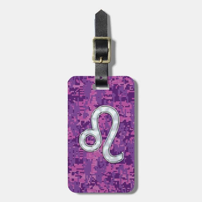 Leo Sign on Rosa Fuchsia Digital Camouflage Bagagebricka (Vertikal Framsida)