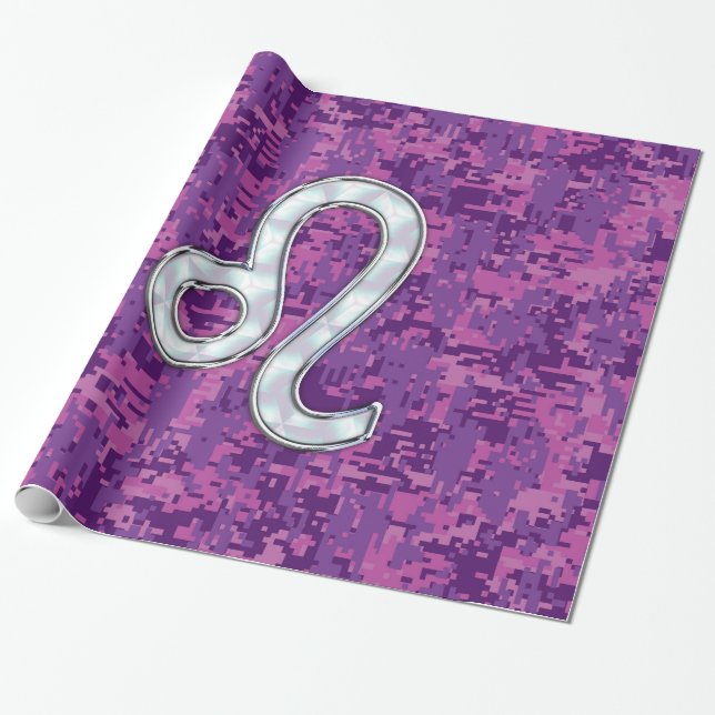Leo Sign on Rosa Fuchsia Digital Camouflage Presentpapper (Utrullad)