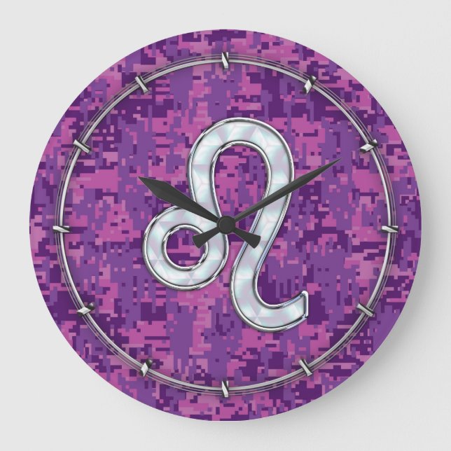 Leo Sign on Rosa Fuchsia Digital Camouflage Stor Klocka (Framsida)