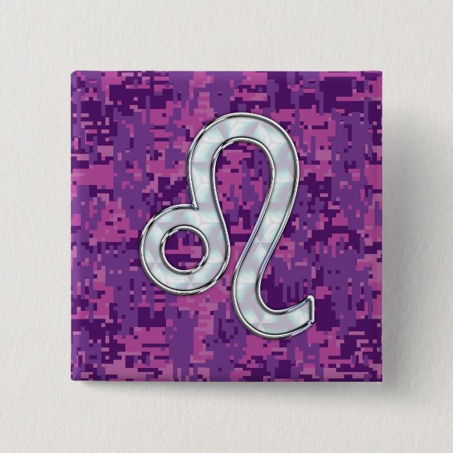 Leo Sign på Girly Rosa Fuchsia Digital Camo Knapp (Framsida)